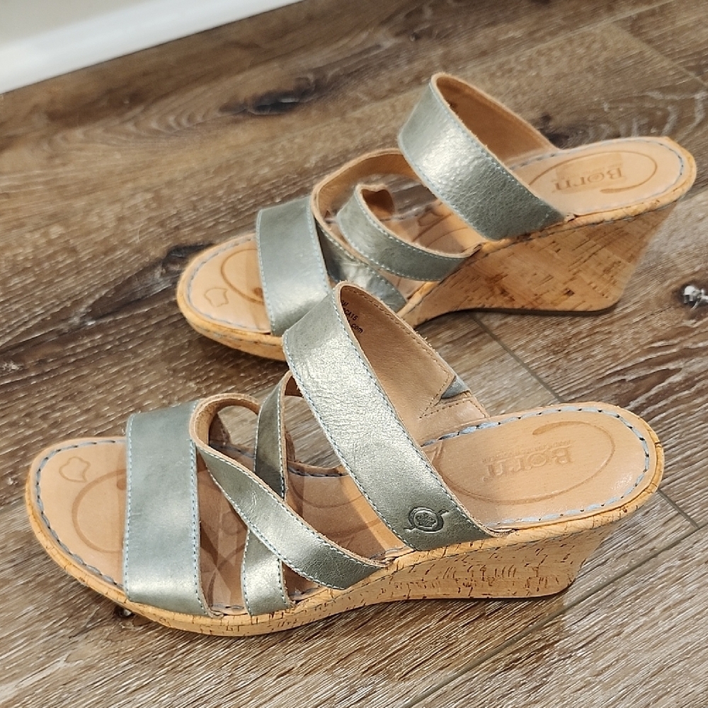 EUC Born Cork Metallic Silver Wedge Sandals Beach Festival Boho Resortwear Sz 9 - Picture 5 of 10